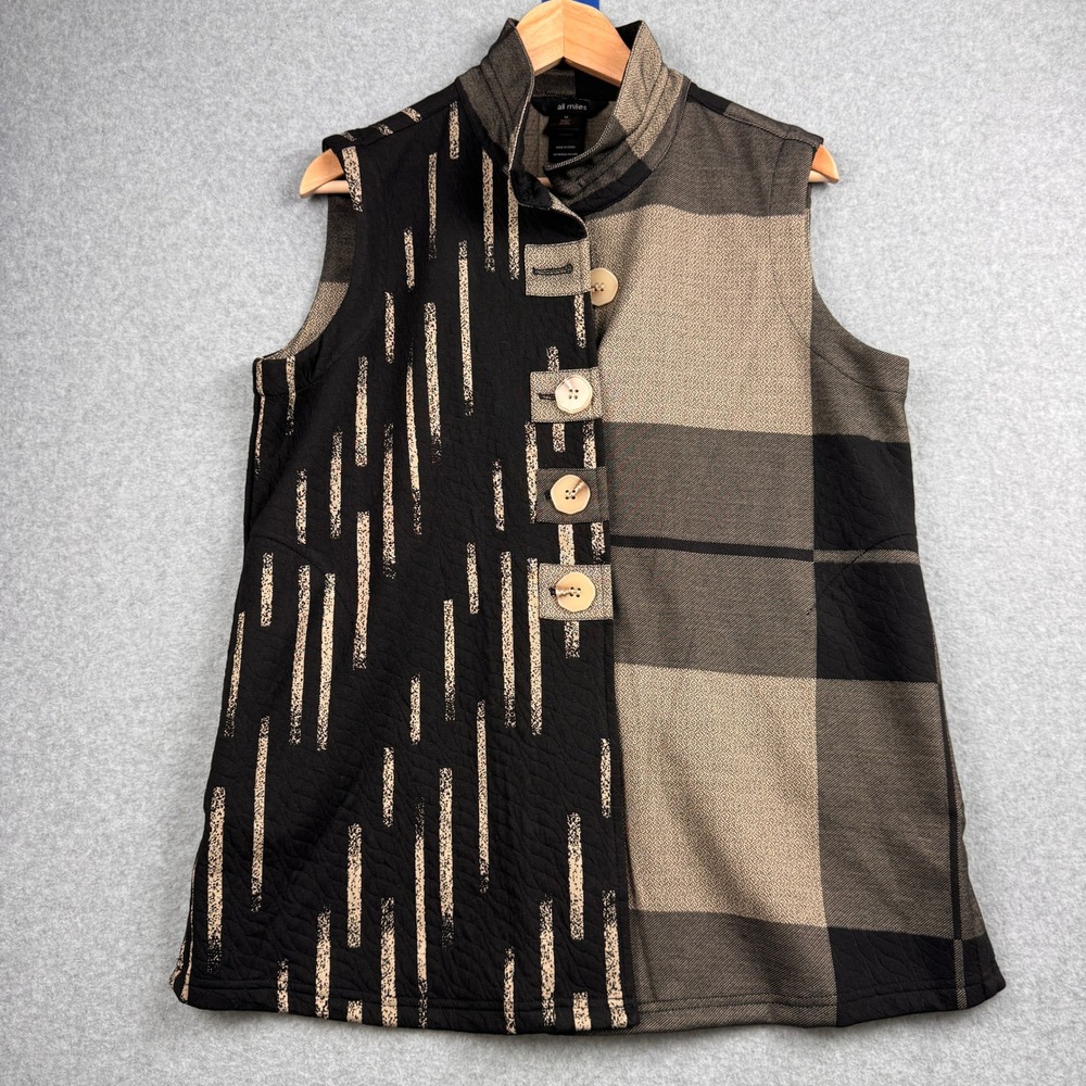 Ali Miles Vest Womens Medium Black Tan Plaid Stripe Button Tunic Artsy Lagenlook